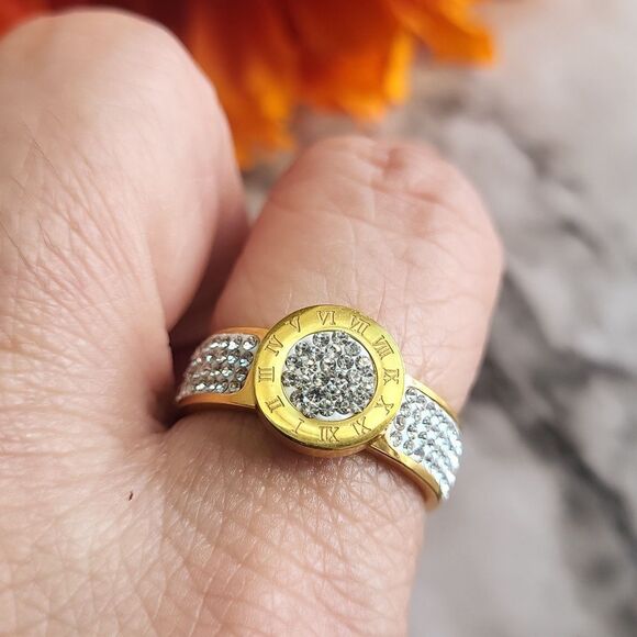 Stainless Steel 14K Gold Plated Numerals Inlaid Lab Diamond Luxury Ring Size 7 - Picture 5 of 15